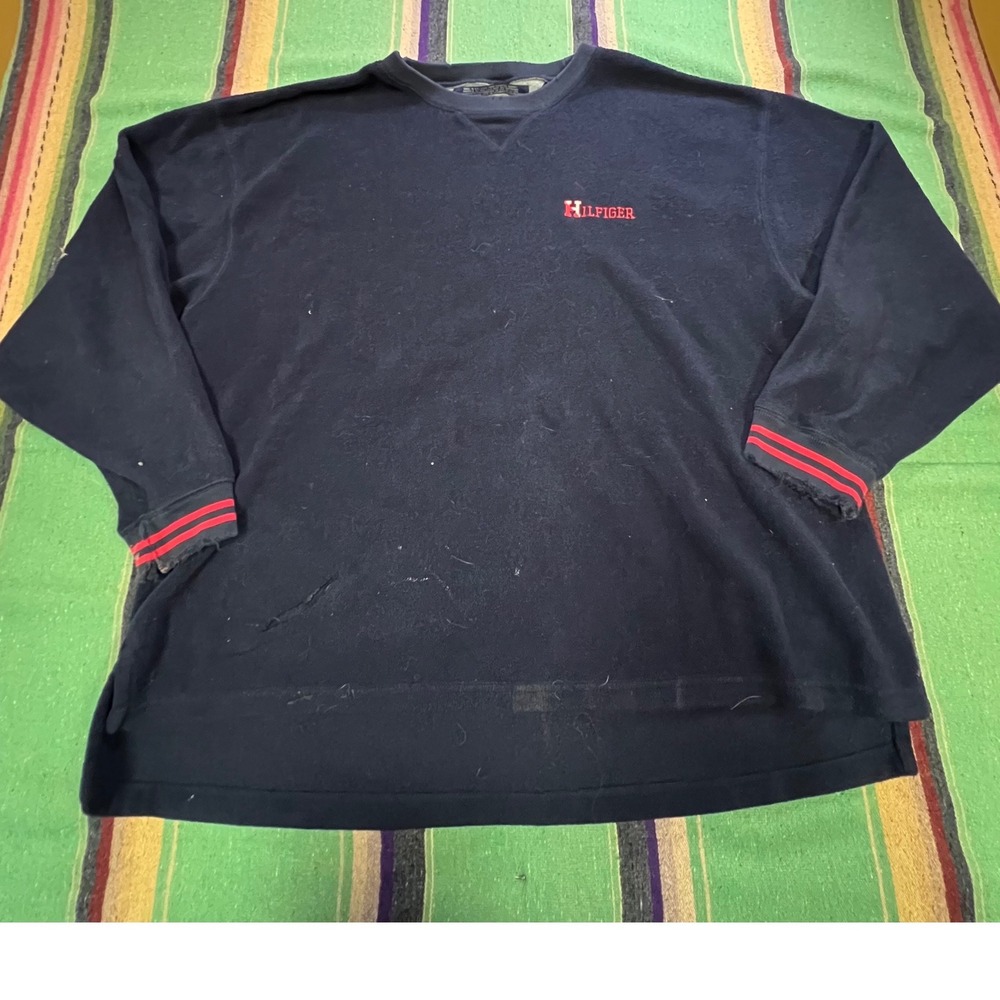 Tommy Hilfiger Fleece Sweatshirt Mens XL Navy Blue Vintage 90s Distressed Logo